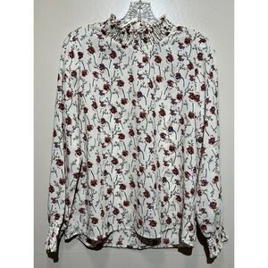 Hayden Large Floral Blouse‎ Ivory High Neck Mock Thin Light Shirt Ruffle